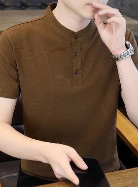 卡其色立领t恤男短袖冰丝polo衫