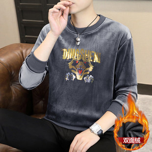 男士圆领双面绒卫衣秋冬金丝绒烫钻虎头印花加厚保暖休闲打底上衣