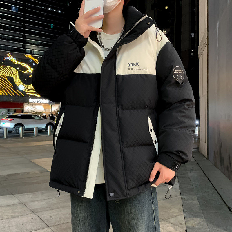 青少年撞色拼接连帽棉服 冬季宽松加厚面包棉衣潮流男士防寒外套