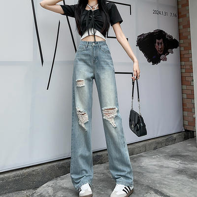 辣妹窄版直筒高腰薄款阔腿九分