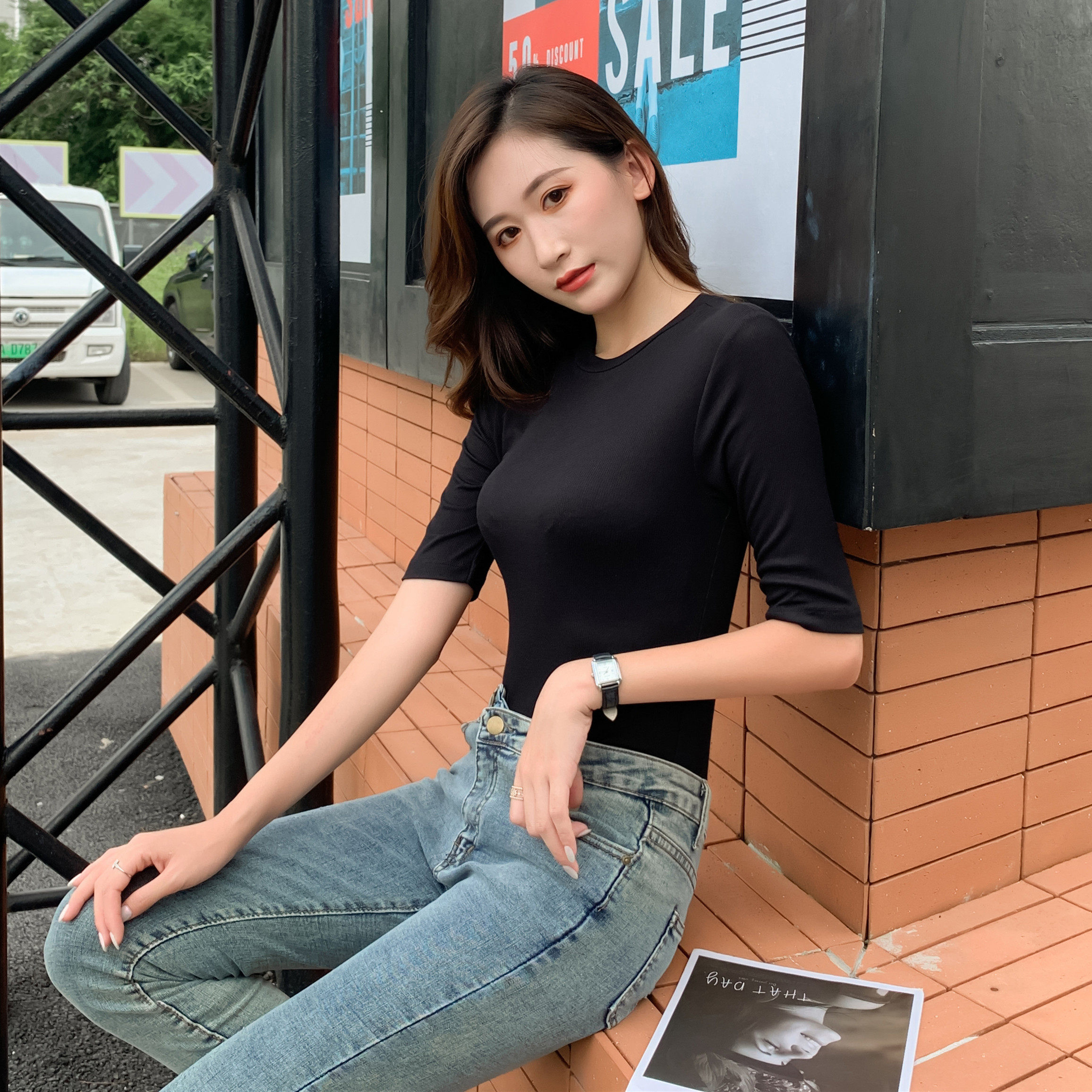 莫代尔圆领T恤女夏中袖大码百搭打底衫螺纹五分袖内搭修身ins上衣