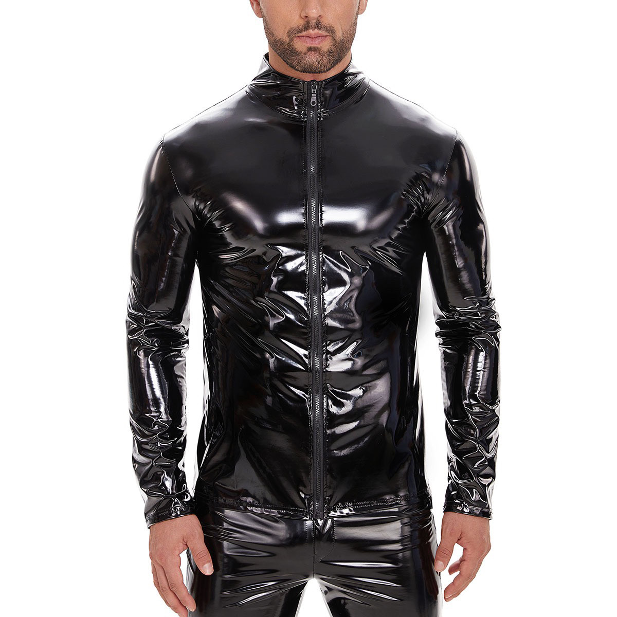 男士高亮漆皮衣长袖外套性感PVC夜店演出机车服朋克风休闲夹克红T