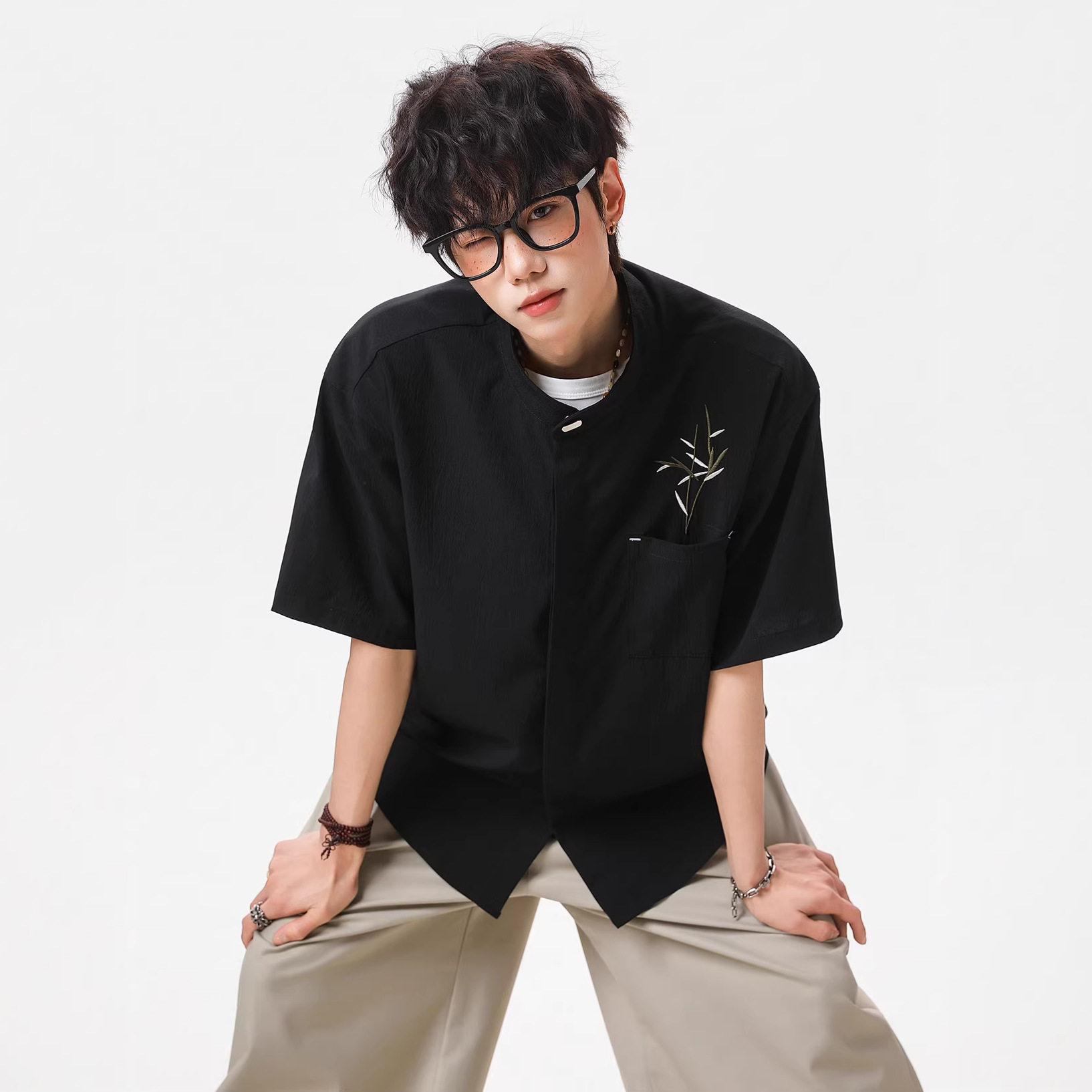 短袖衬衫男夏季款竹叶刺绣暗门襟薄款透气风衬衣OC7290-P35控65，男装衬衫，电商A362