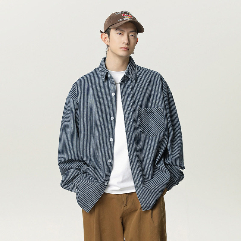 男春季款后背拼接设计日系复古休闲蓝色衬衣外套MC7136-P65控98,男装衬衫,电商A362