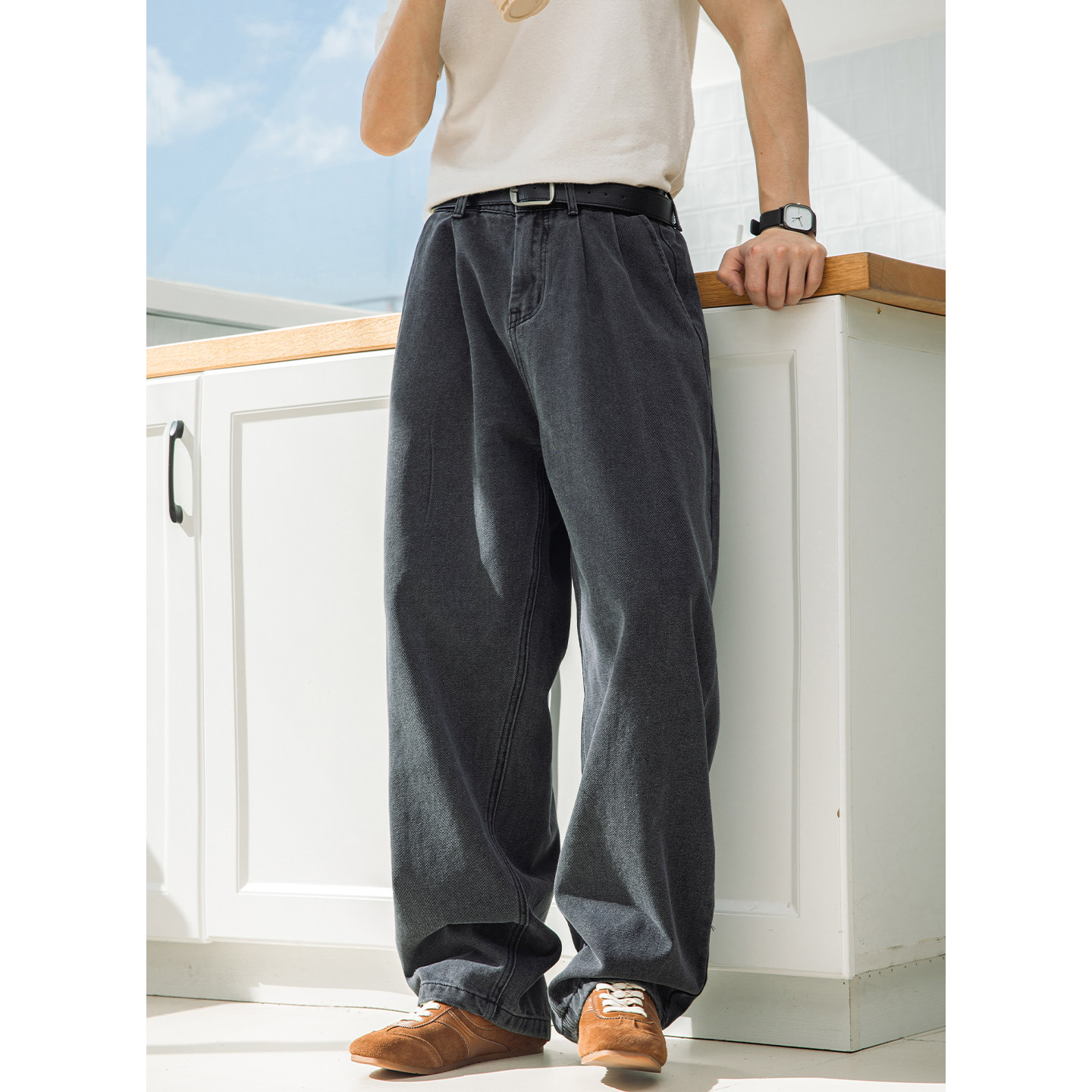 新款街复古打褶弯刀裤直筒宽松潮牌长裤子MN2498-P55控88，男装休闲裤，电商A362