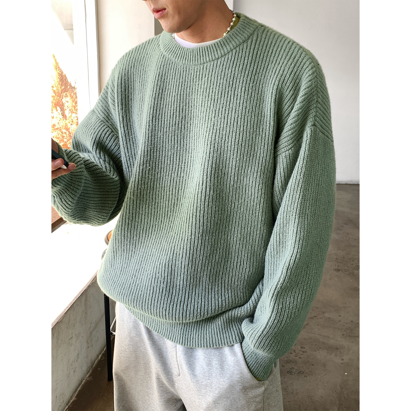 肌理圆领毛衣男秋冬季基础款纯色针织衫复古潮牌K4092-P44控78，男装针织衫/毛衣，电商A362