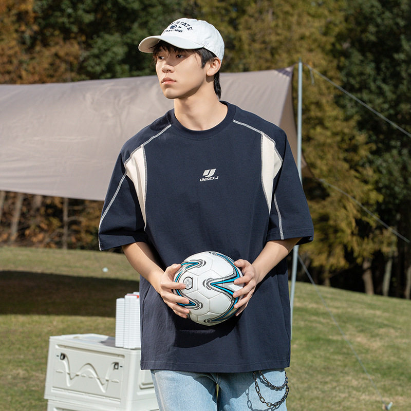 男情侣潮牌夏季新款撞色明线拼接设计短袖T恤MT7159-P40控59，男装T恤，电商A362