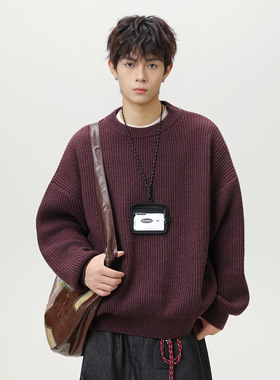 圆领毛衣男秋冬基础纯色复古针织衫日系宽松线衣K4092-P45控78