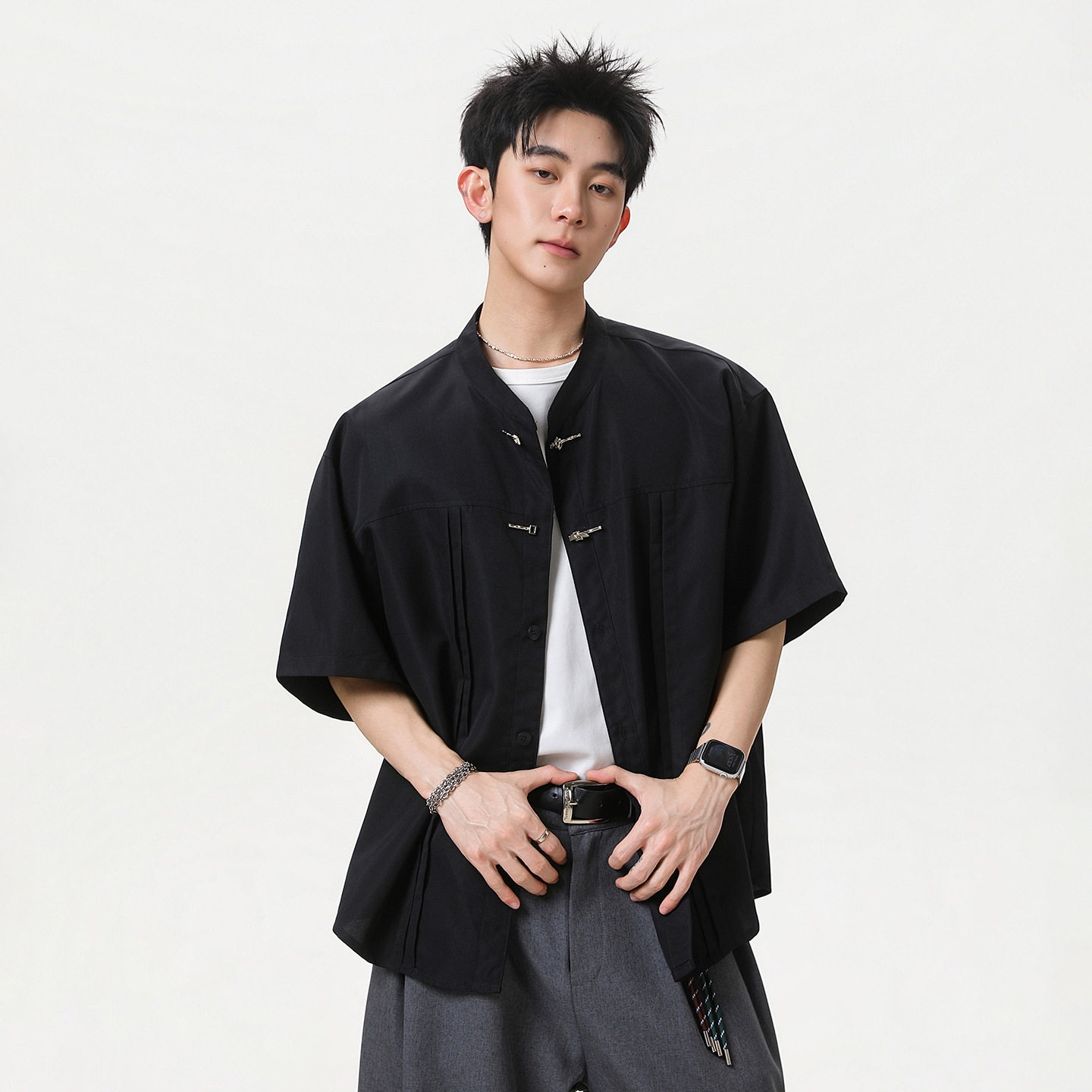 男装夏季质感垂顺盘扣唐装立体压褶感衬衣OC7293-P40控75,男装衬衫,电商A362