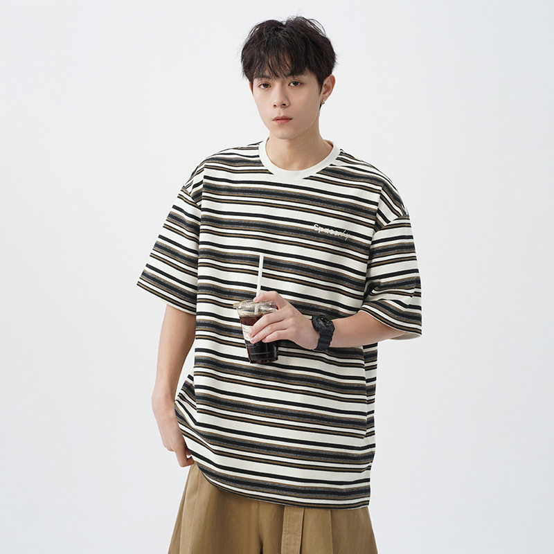 撞色条纹短袖T恤男夏季新款半袖字母刺绣体恤衫MT7131-P45控75，男装T恤，电商A362