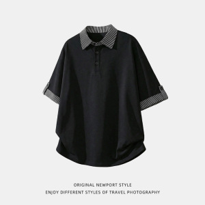 撞色条纹假两件polo衫男夏季款挽袖设计短袖T恤高智感休闲体恤衫，男装T恤，电商A362