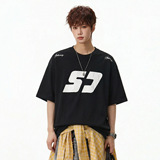 撞色印花纯棉短袖T恤男夏季高街美式情侣半袖潮牌质感宽松体恤衫，男装T恤，电商A362