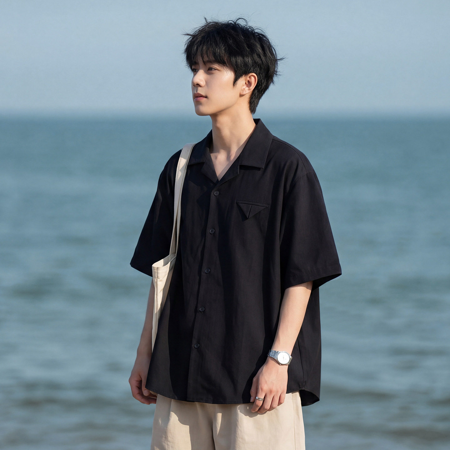 袖衬衫男夏季薄款透气纯色宽松垂感休闲衬衣外套OC7242-P44控78,男装衬衫,电商A362