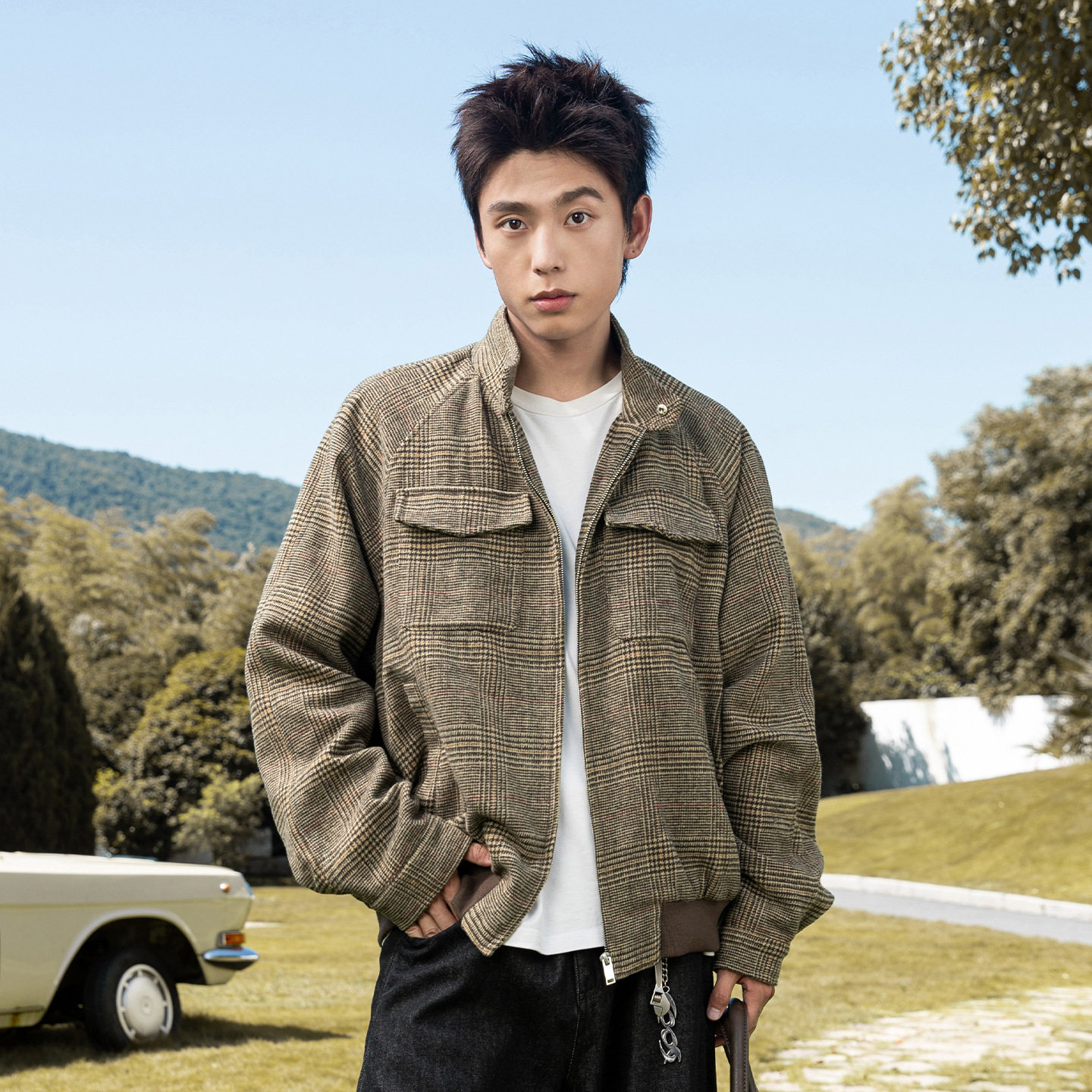 哈灵顿夹克男秋款潮牌廓形美式短宽立领格子MJ6034-P90控148，男装夹克，电商A362