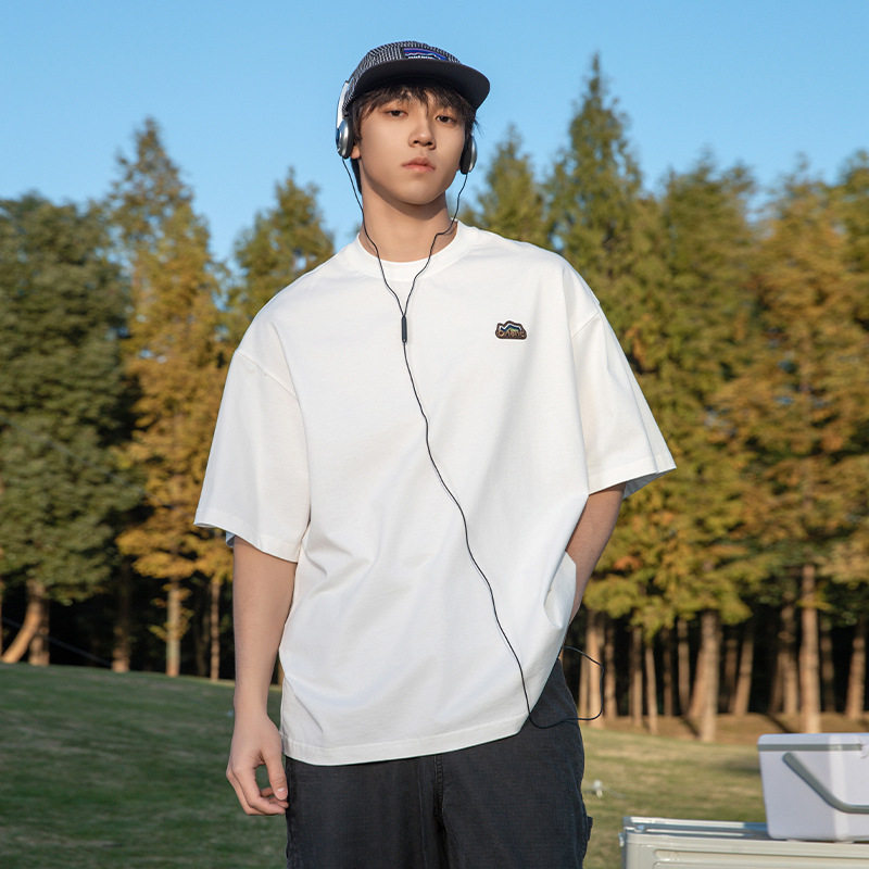 2025夏季新款纯棉宽松复古情侣休闲绣花体恤衫MT7145-P30控49,男装T恤,电商A362