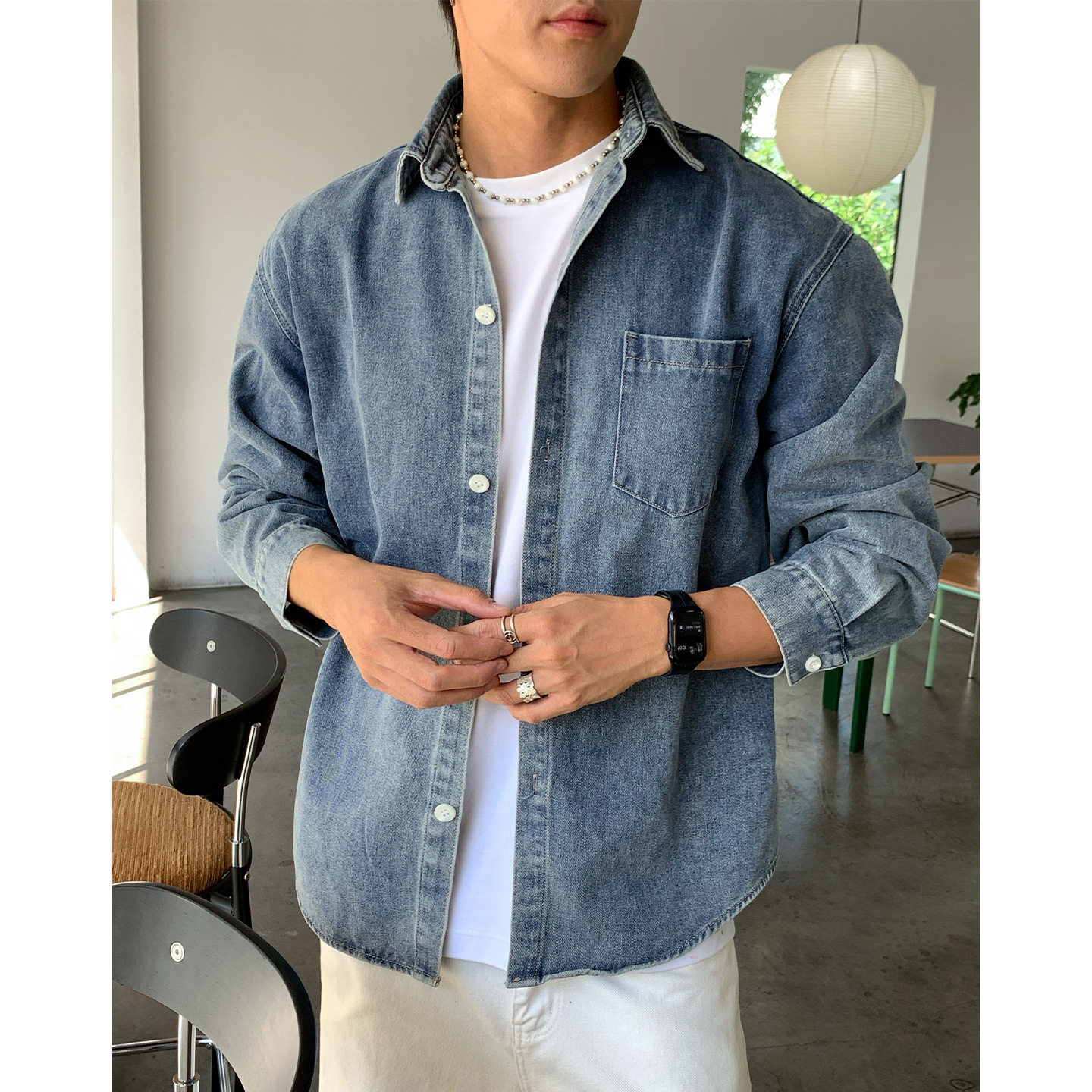 衬衫男秋季款潮牌廓形水洗牛仔衬衣宽松休闲MC3993-P65控98,男装衬衫,电商A362