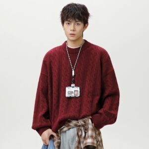 圆领毛衣男秋冬新款纯色宽松潮牌麻花线衣针织衫K4097-P51控88图片