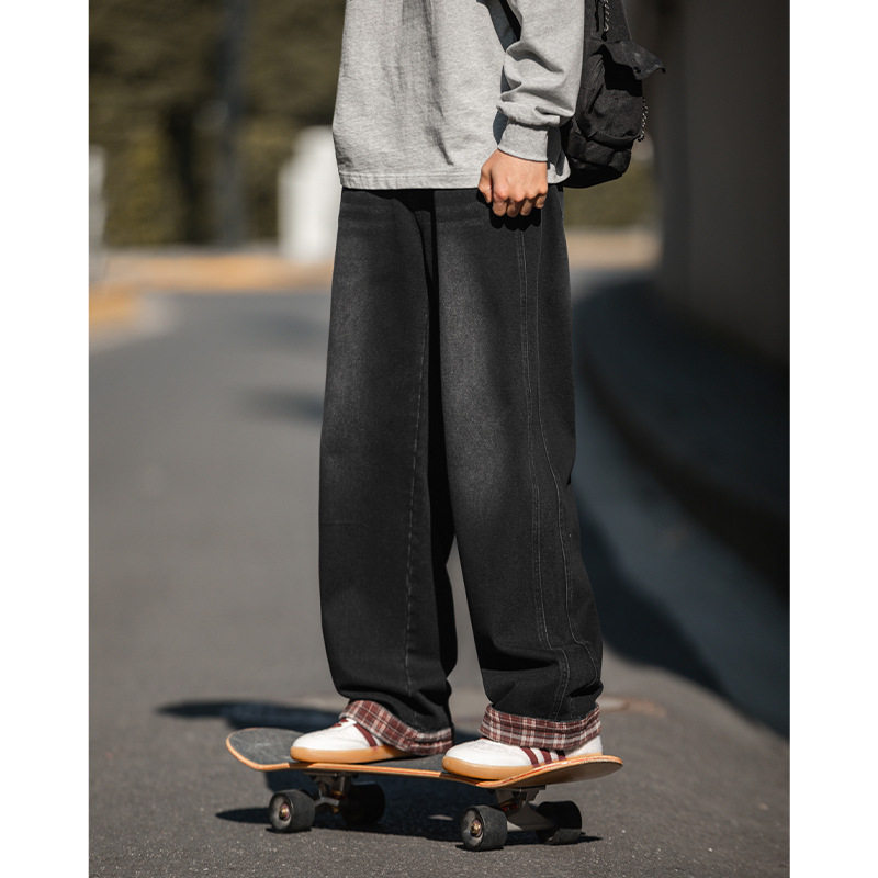 牛仔裤男春季新款脚口拼接格纹设计直筒休闲长裤MN2384-P60控88,男装牛仔裤,电商A362