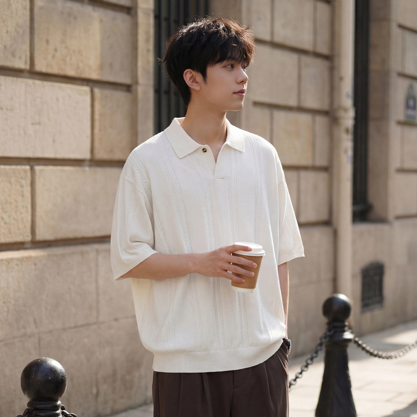 肌理针织短袖T恤男夏季款纯色POLO衫复古休闲上衣OP7247-P60控108，男装T恤，电商A362