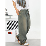 牛仔裤男春季款分割设计美式休闲半松紧直筒裤子MN2384-P60控88，男装牛仔裤，电商A362