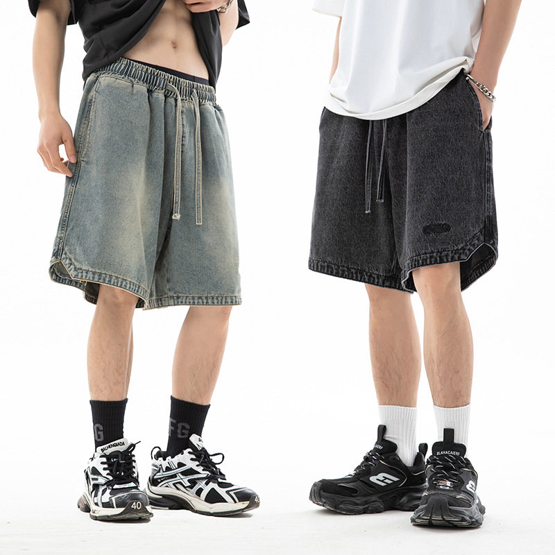 下摆三角开叉设计牛仔短裤夏季新款绣花宽松五分裤L2286-P50控78，男装牛仔裤，电商A362