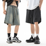 下摆三角开叉设计牛仔短裤夏季新款绣花宽松五分裤L2286-P50控78，男装牛仔裤，电商A362