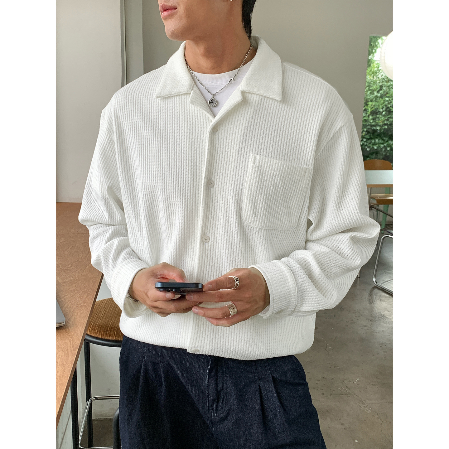 长袖衬衫男秋冬款纯色感古巴领衬衣潮牌复古外套MC8003-P60控98，男装衬衫，电商A362
