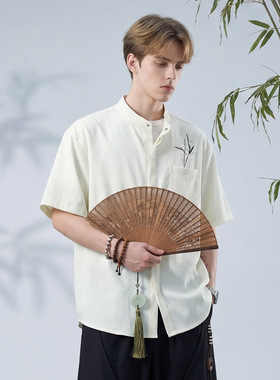 男夏季薄款透气皱感肌理竹叶刺绣国潮立领衬衣OC7290-P35控65