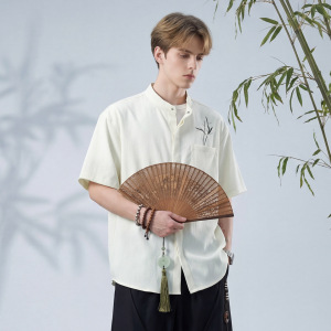 男夏季薄款透气皱感肌理竹叶刺绣潮立领衬衣OC7290-P35控65,男装衬衫,电商A362