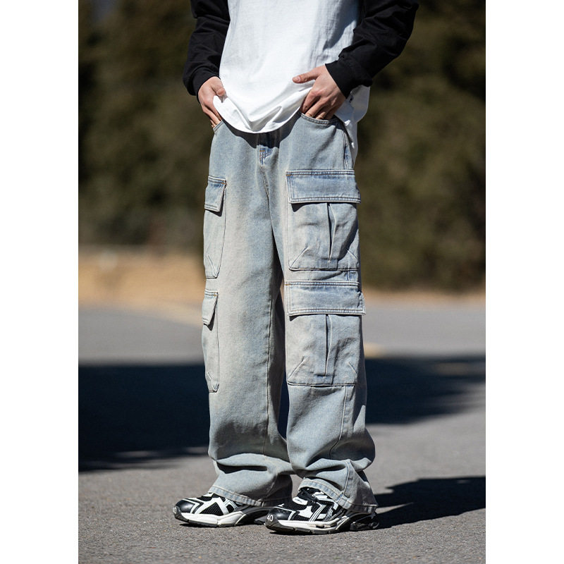 美式复古多口袋水洗做旧牛仔裤街直筒宽松工装长裤L2283-P68控108，男装牛仔裤，电商A362