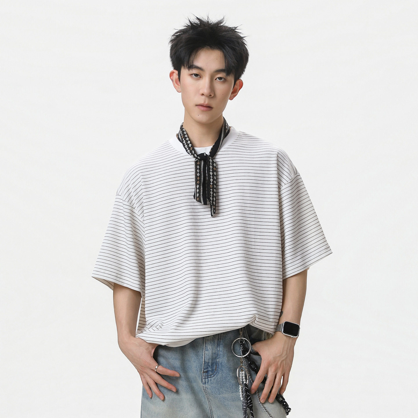 简约黑白条纹圆领短袖T恤男夏季新款休闲百搭潮牌美式半袖体恤衫，男装T恤，电商A362