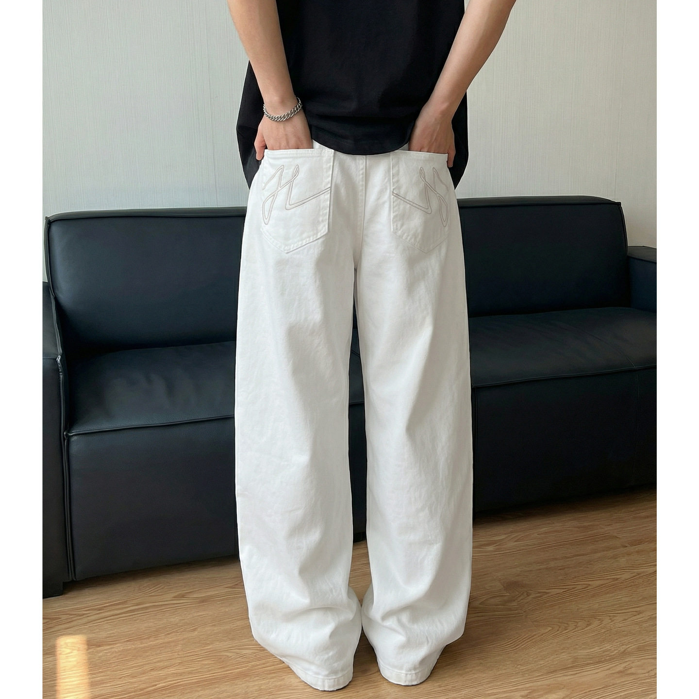 刺绣白色牛仔裤男春季复古潮牌宽松直筒休闲长裤ON2622-P55控88,男装休闲裤,电商A362