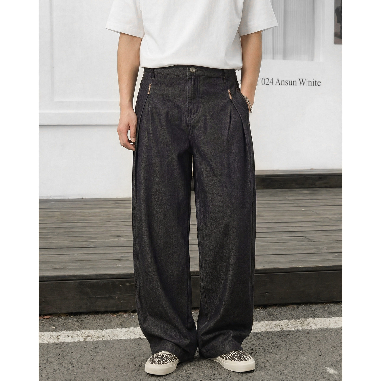 刺绣原牛黑色牛仔裤男春季款立体打褶直筒长裤ON2623-P58控98,男装牛仔裤,电商A362