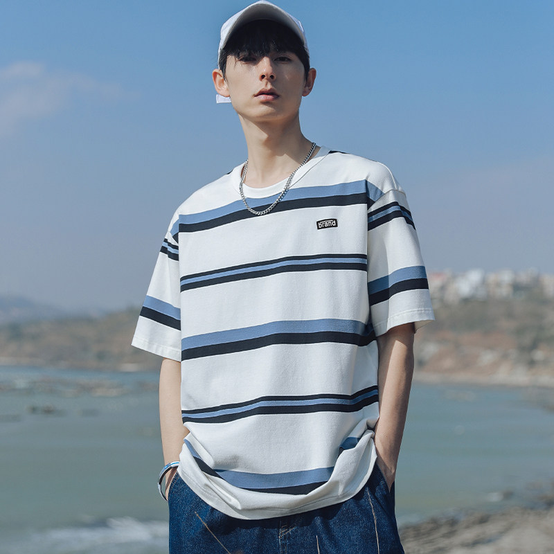 wassup happy条纹短袖t恤男夏季薄款撞色宽松上衣潮牌休闲五分袖图片