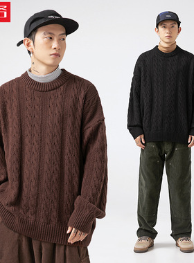 纯色圆领毛衣女秋冬季宽松复古针织衫外套K4097-P51控88