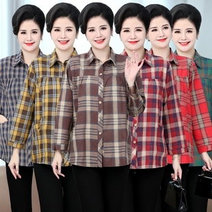 纯棉格子棉开衫 2025春夏新款 上衣 洋气长袖 中老年妈妈女士全棉衬衫