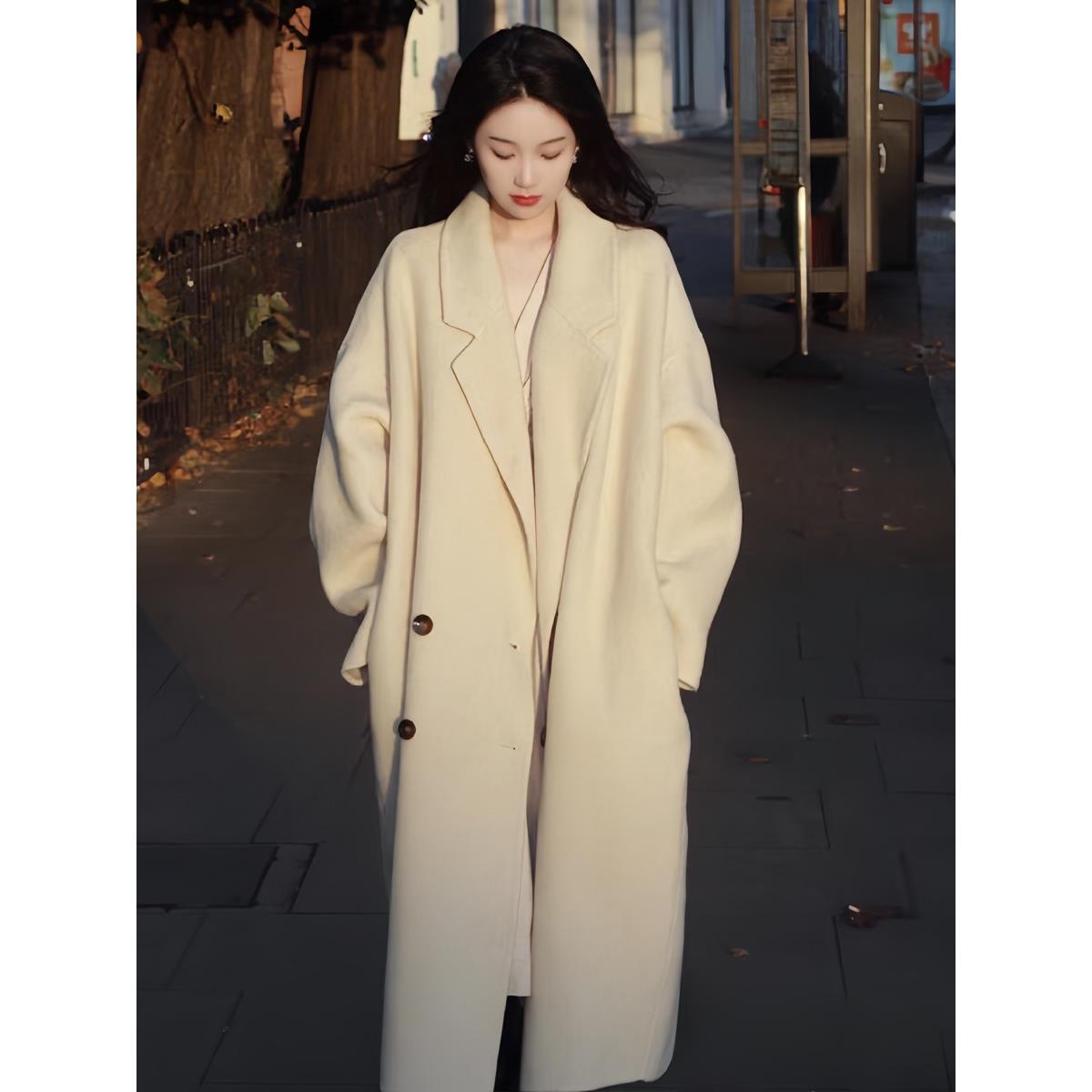 双面羊绒大衣女中长款2025秋冬燕麦色新款韩系宽松高端羊毛呢外套