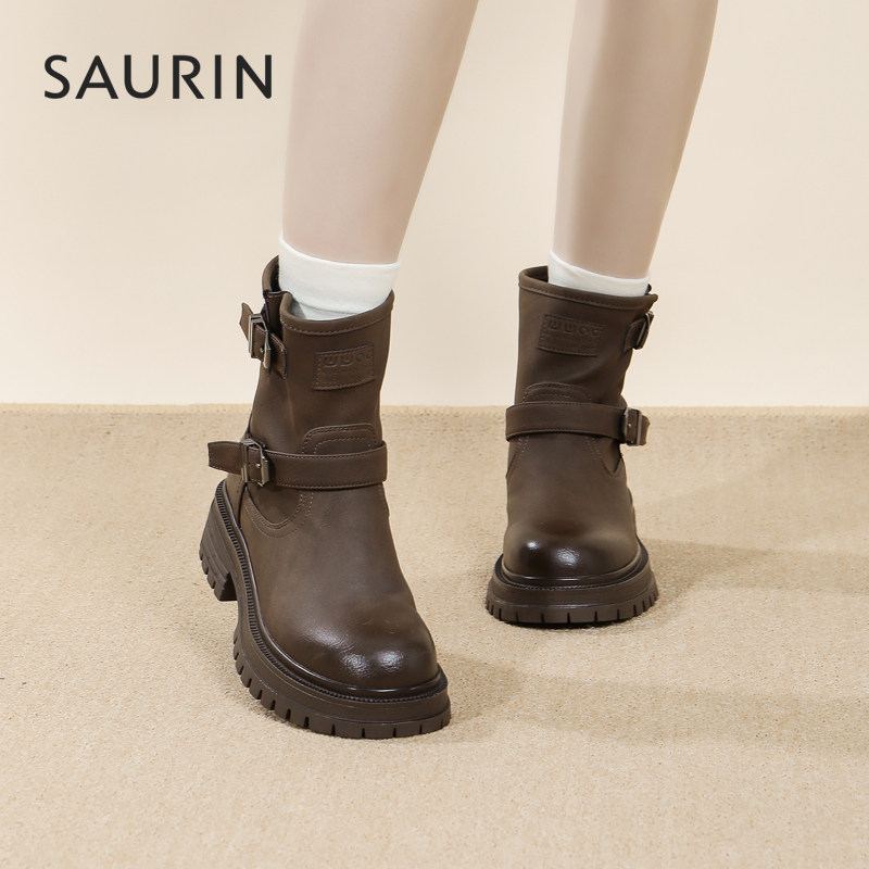 索兰短筒时装靴女2024冬季新款复古时尚圆头粗跟马丁靴24DX28520,女鞋,马丁靴,淘宝优惠券,粉丝福利购,淘宝优惠卷