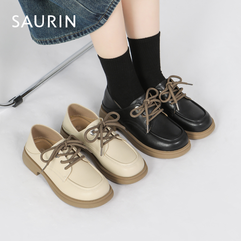 索兰粗跟乐福鞋英伦风系带小皮鞋