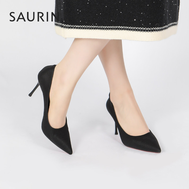 索兰高跟鞋女2024春季新款时尚优雅气质尖头浅口细跟单鞋24at2101