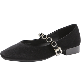 索兰玛丽珍女鞋2024秋季新款法式复古一字扣方头低跟单鞋24CN8183