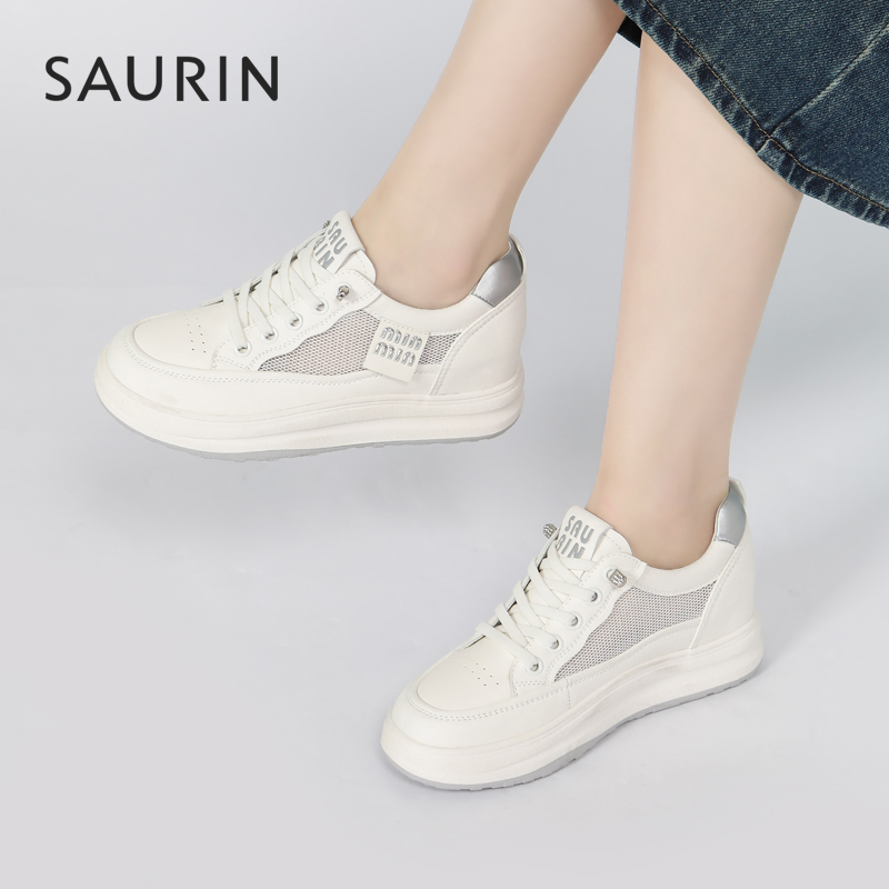 索兰女鞋2024春季新款透气网面休闲鞋厚底内增高小白鞋24ax25223