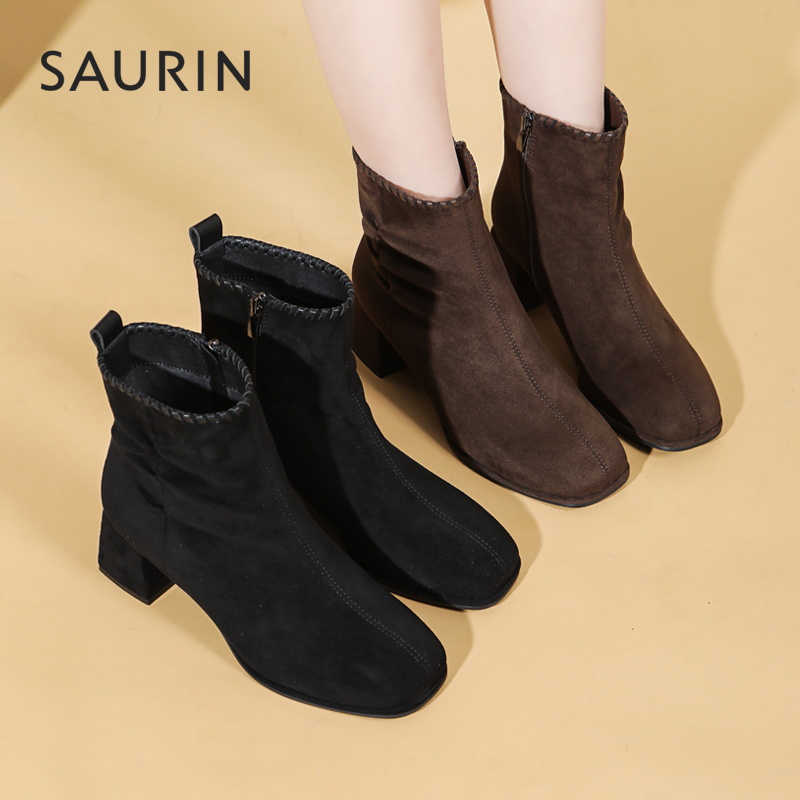 索兰复古时尚粗跟瘦瘦短靴