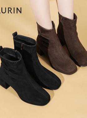 索兰短靴女2025秋冬新款复古时尚瘦瘦靴方头粗跟时装靴25DT39515
