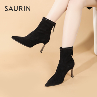 索兰瘦瘦靴女2025冬季新款法式黑色绒面尖头细高跟短靴25DN35535