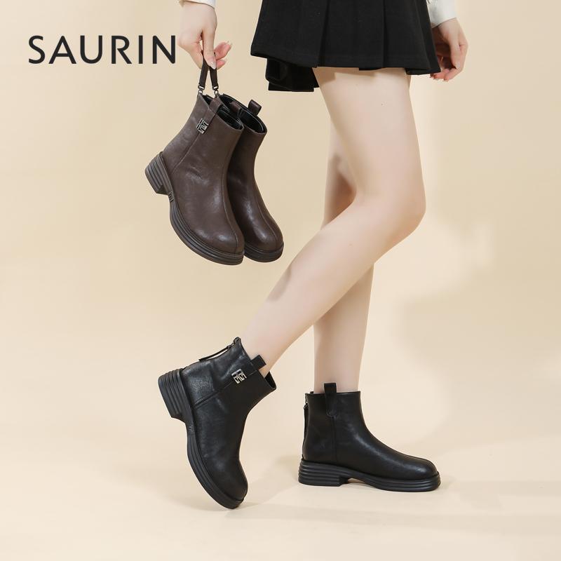 索兰软皮2024冬季新款百搭女靴