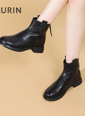 索兰切尔西靴女2025冬季新款复古显瘦短靴圆头粗跟靴子25DT45528