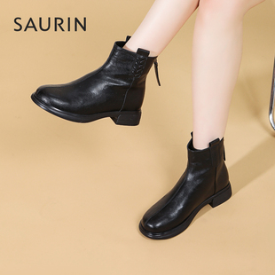 索兰切尔西靴女2025冬季新款复古显瘦短靴圆头粗跟靴子25DT45528