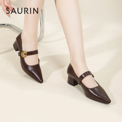 索兰尖头复古风玛丽珍小皮鞋