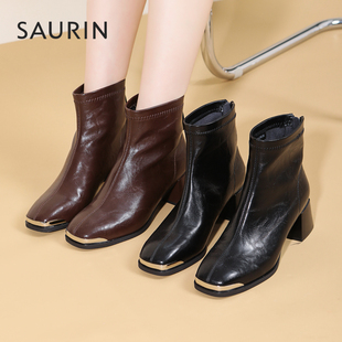 索兰高跟短靴女2025冬季新款法式方头小踝靴粗跟瘦瘦靴25DT39530